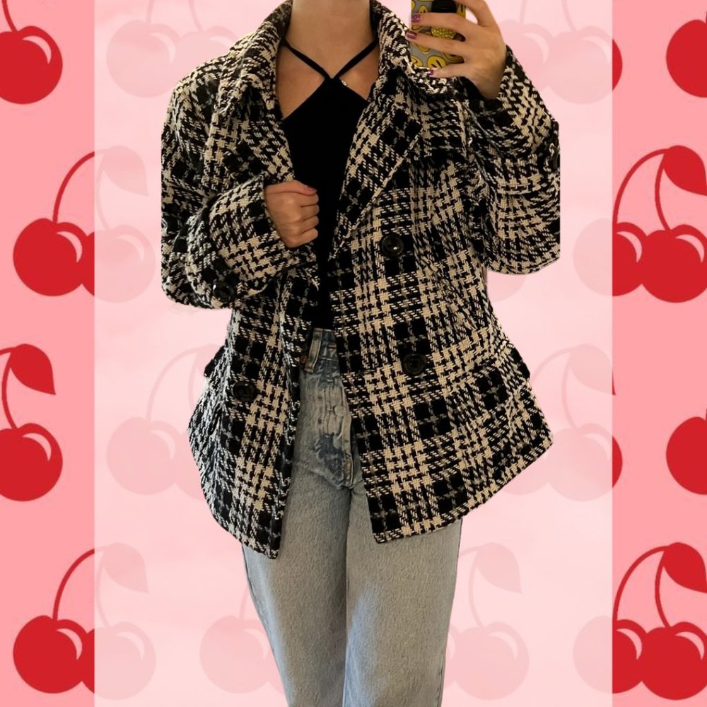 Kensie Black and White Patterned Wool Blend Women's Jacket Size XL